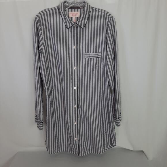 Victoria's Secret Gray Striped Silver Pin Strip Pajama Sleeping Shirt, Flowy - Picture 4 of 10